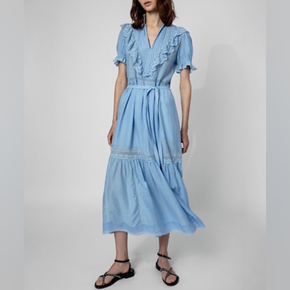 Zadig & Voltaire Women Ruffle A-line Dress Tie Front Short Sleeve Midi Dress